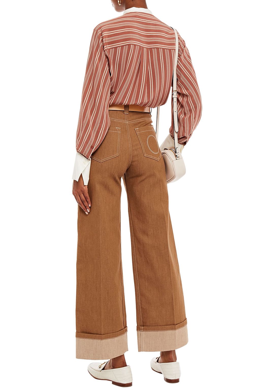 CHLOÉ Leather-trimmed cotton-blend wide-leg pants