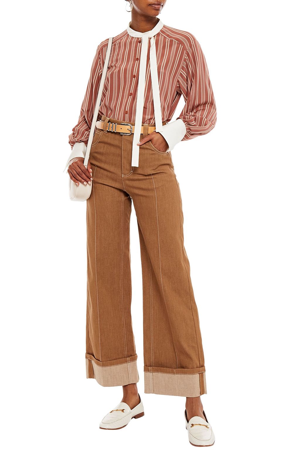 CHLOÉ Leather-trimmed cotton-blend wide-leg pants