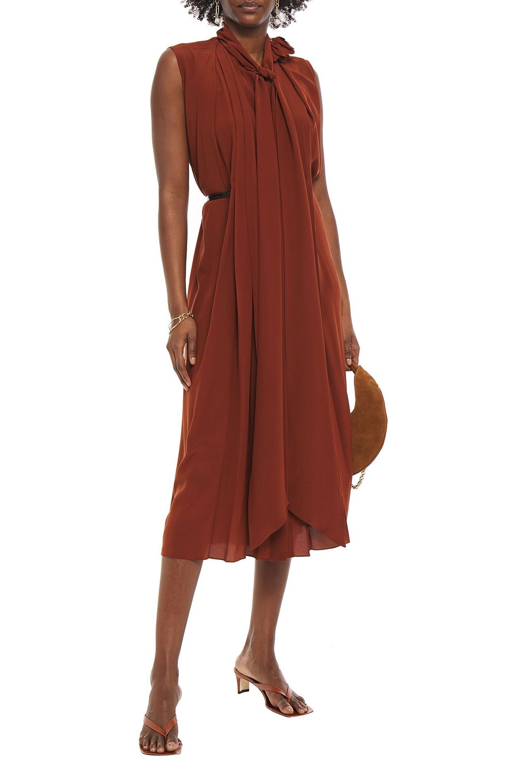 VICTORIA BECKHAM Tie-neck embellished silk crepe de chine midi dress