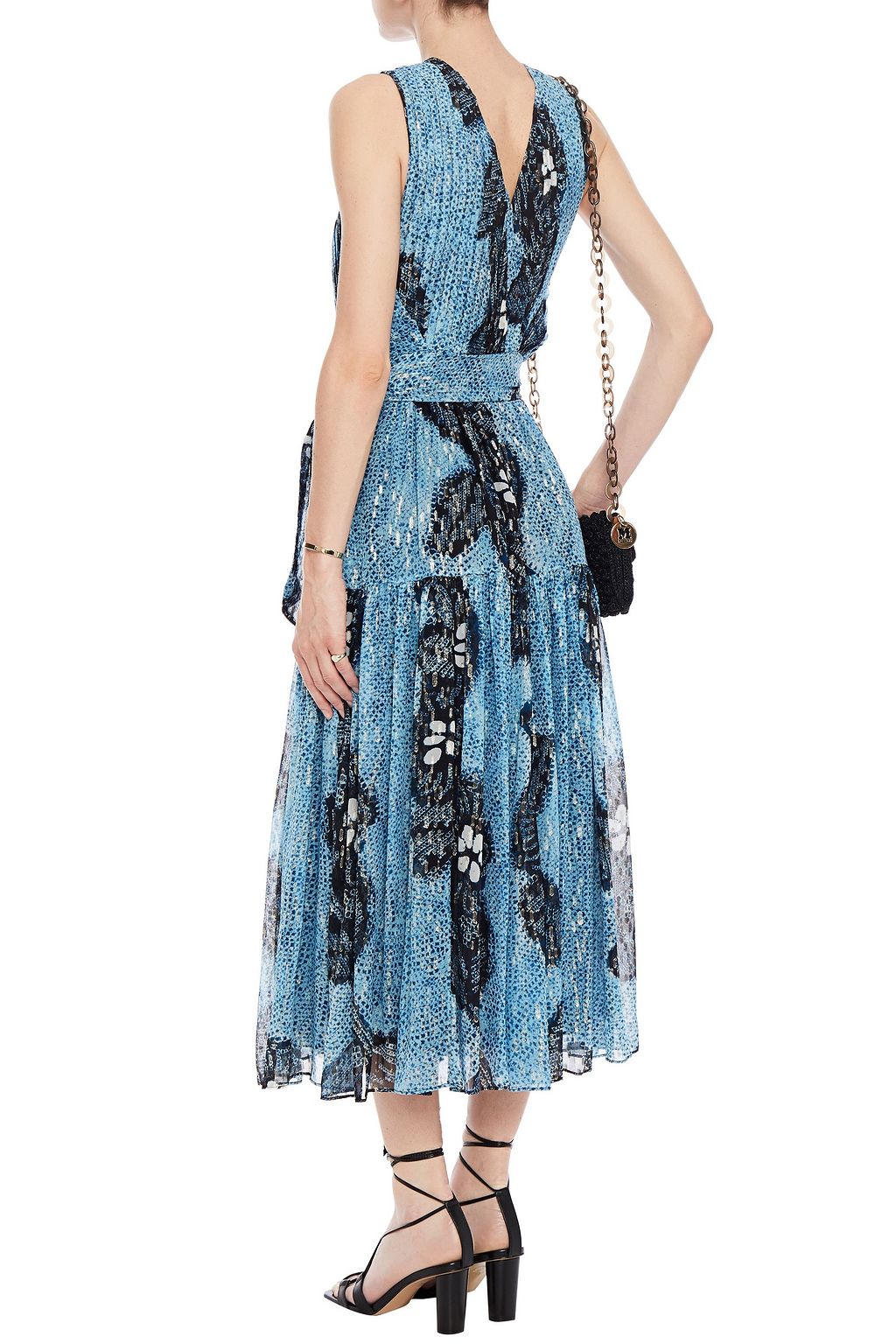ULLA JOHNSON Crossover bedrucktes Midikleid aus Seide aus einer Lurex®-Mischung mit Falten und Fil Coupé