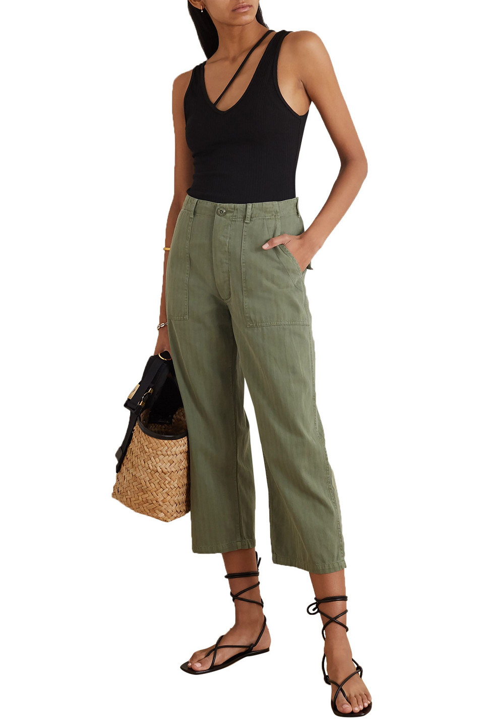 The Great The Herringbone Trooper Cropped Cotton Straight-leg Trousers In Green
