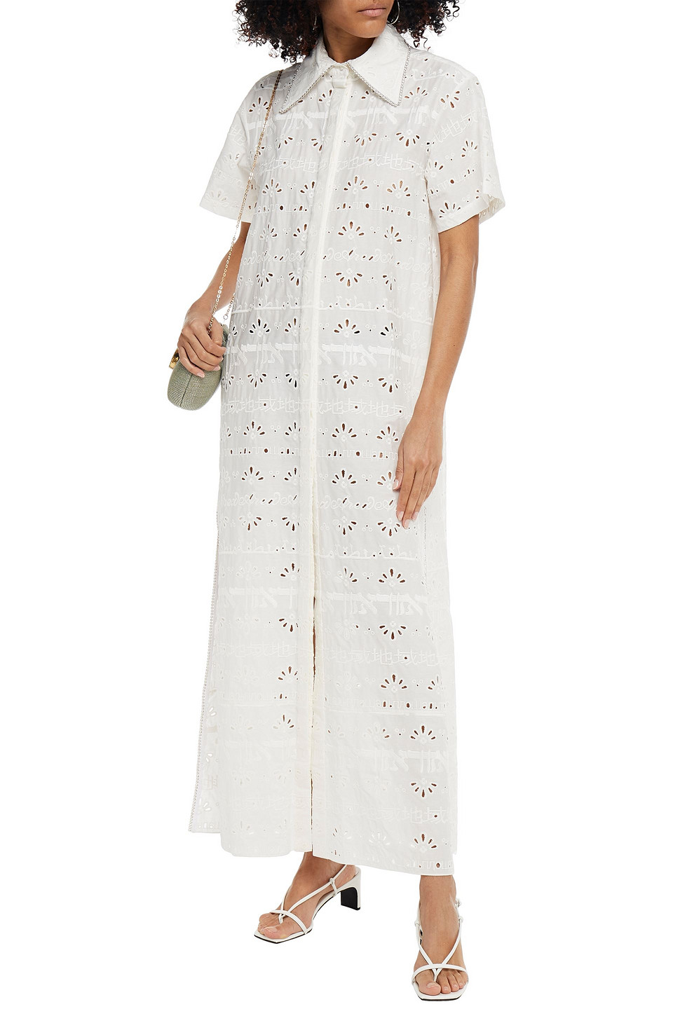 Area Crystal-embellished Broderie Anglaise Cotton-blend Maxi Shirt Dress In White