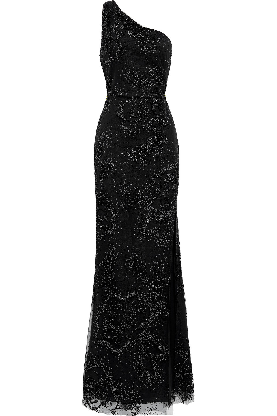 Marchesa Notte Woman One-shoulder Glitter-embellished Flocked Tulle Gown Black Size 14