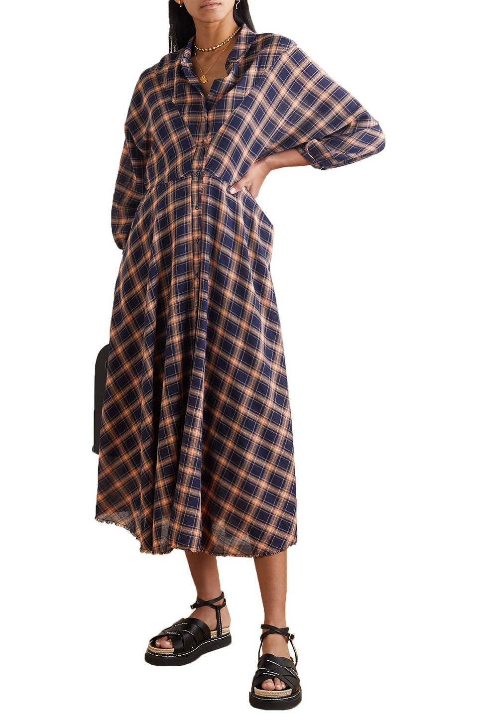 The Great The Western Checked Cotton-blend Midi Dress In Blue