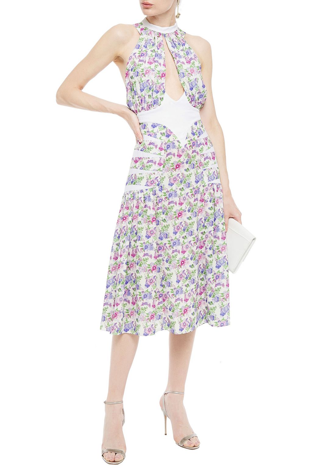 RABANNE Paneled cutout floral-print cady midi dress