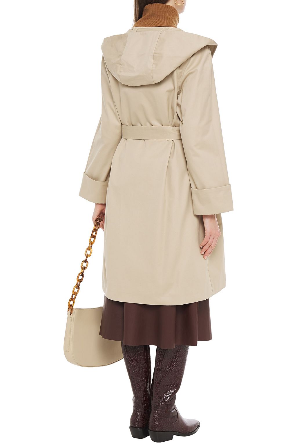 MAJE Belted cotton-gabardine hooded coat
