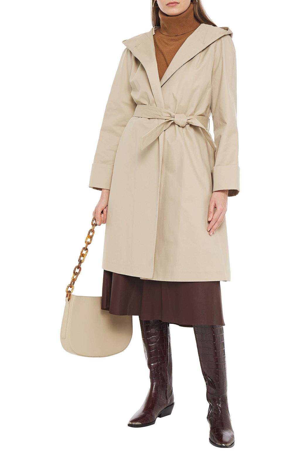 MAJE Belted cotton-gabardine hooded coat