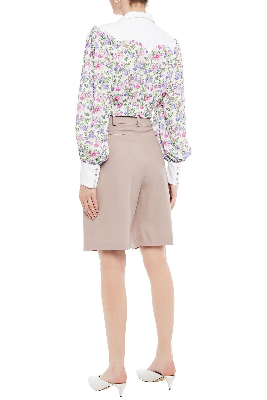 RABANNE Cropped twill-paneled floral-print crepe de chine top