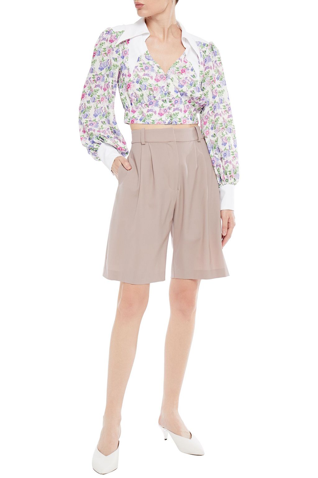 RABANNE Cropped twill-paneled floral-print crepe de chine top