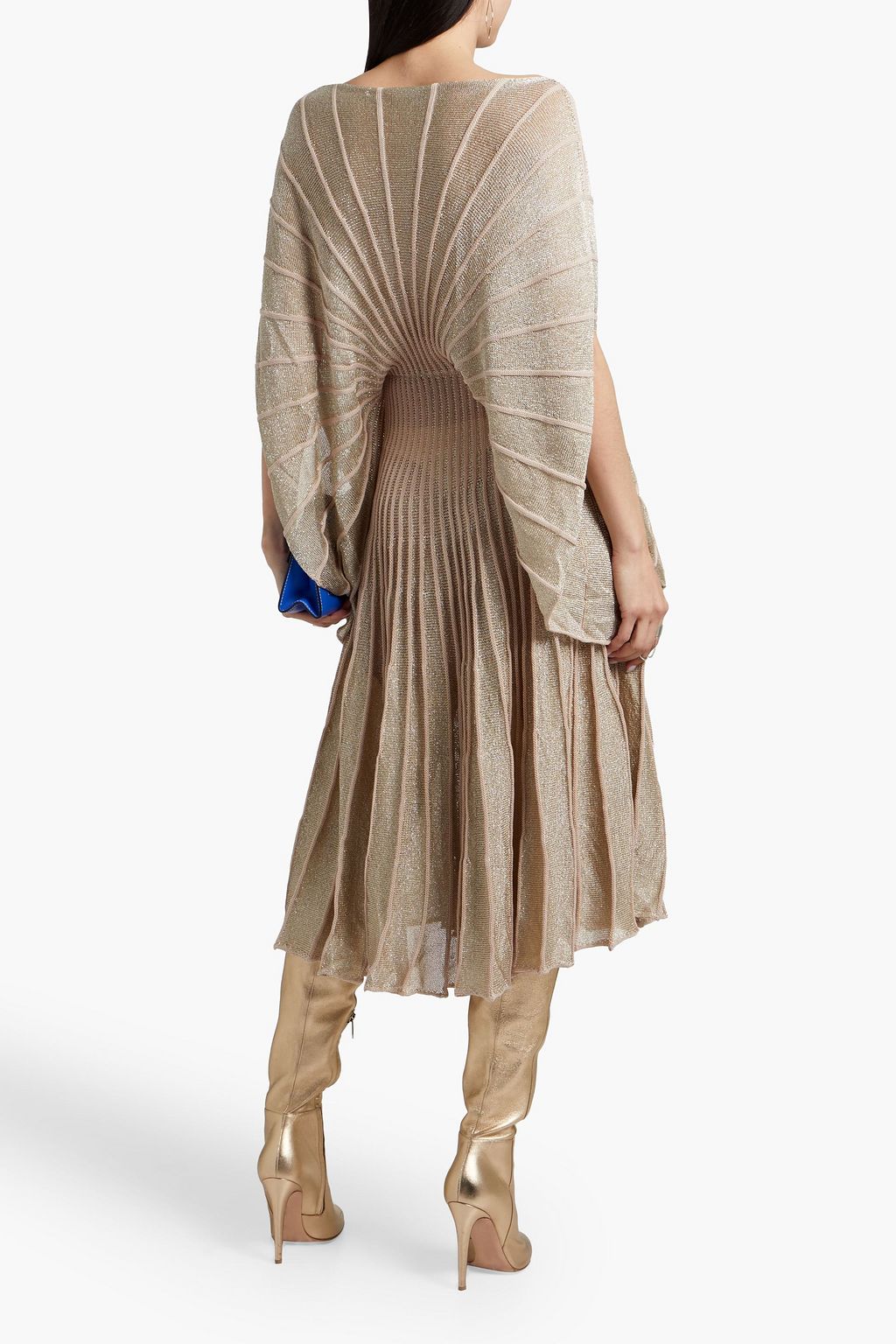 STELLA MCCARTNEY Draped pleated metallic crochet-knit midi dress