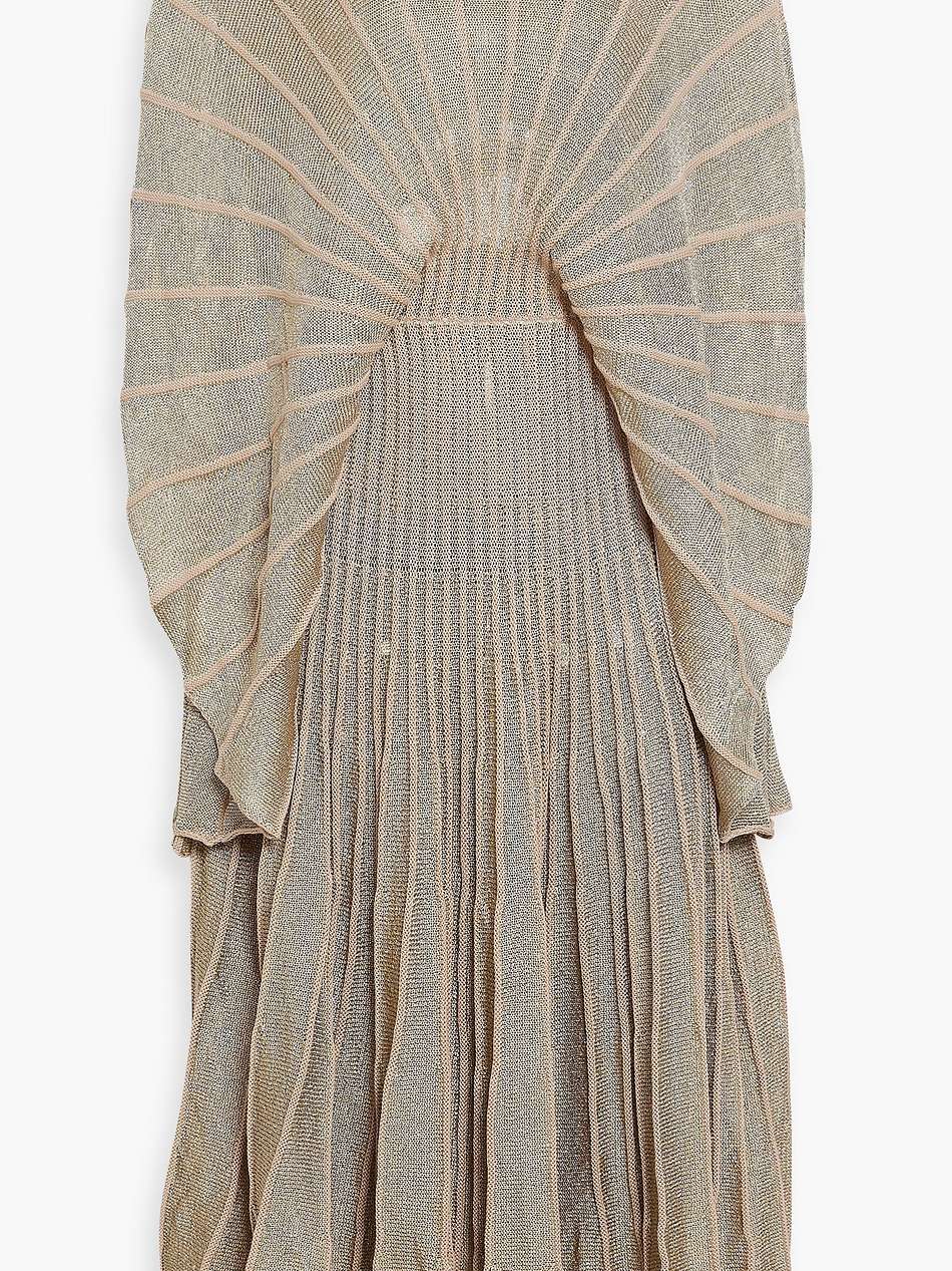 draped pleated metallic crochet-knit midi dress