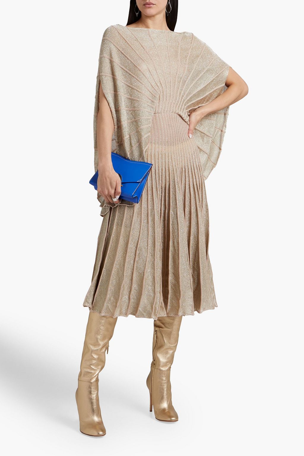 STELLA MCCARTNEY Draped pleated metallic crochet-knit midi dress