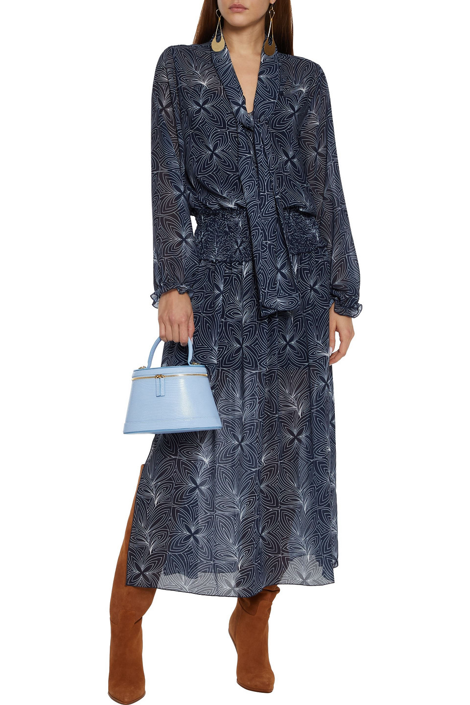 See By Chlo Tie neck Shirred Printed Georgette Midi Dress In Navy