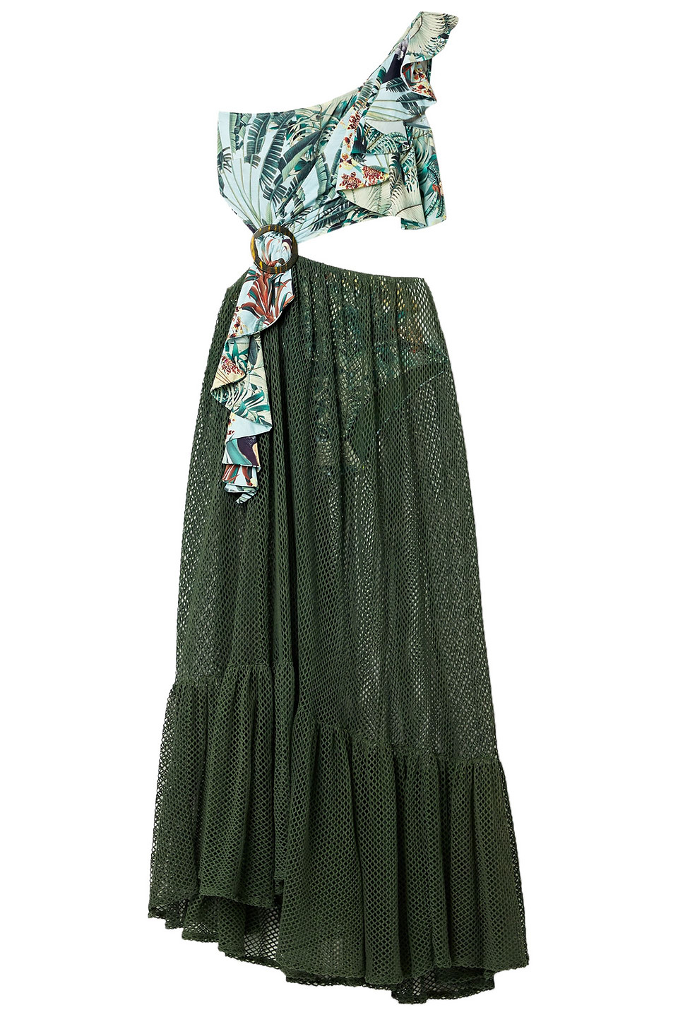 Patbo Eden One-shoulder Printed Stretch-jersey And Cotton-blend Mesh Maxi Dress In Green