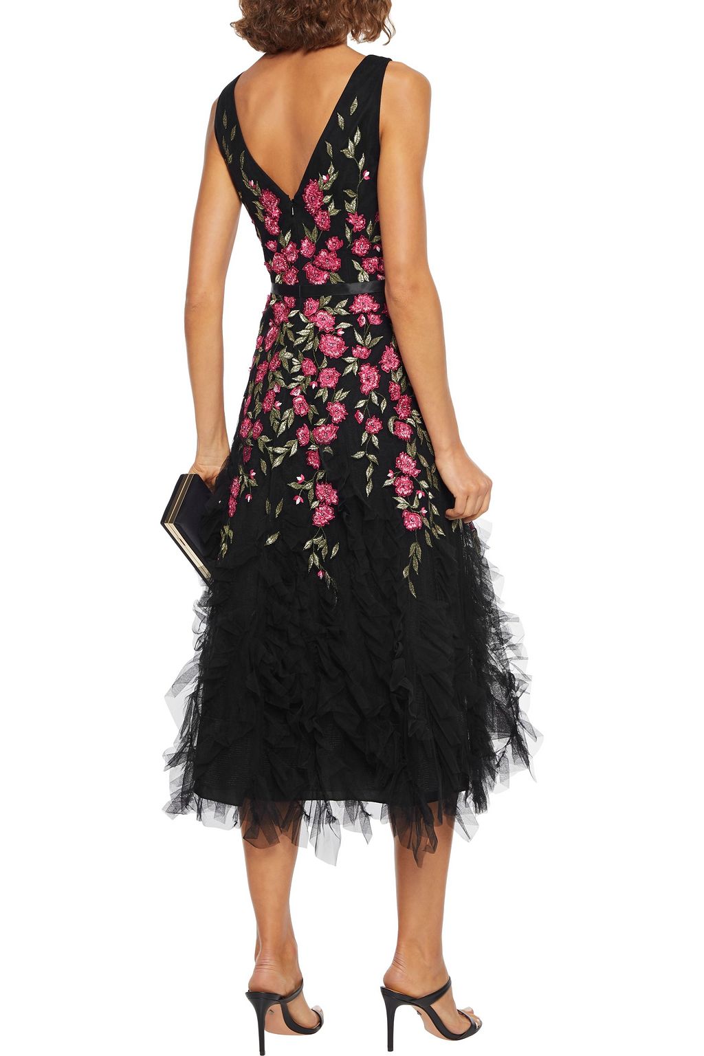 MARCHESA NOTTE Ruffled embellished embroidered tulle gown