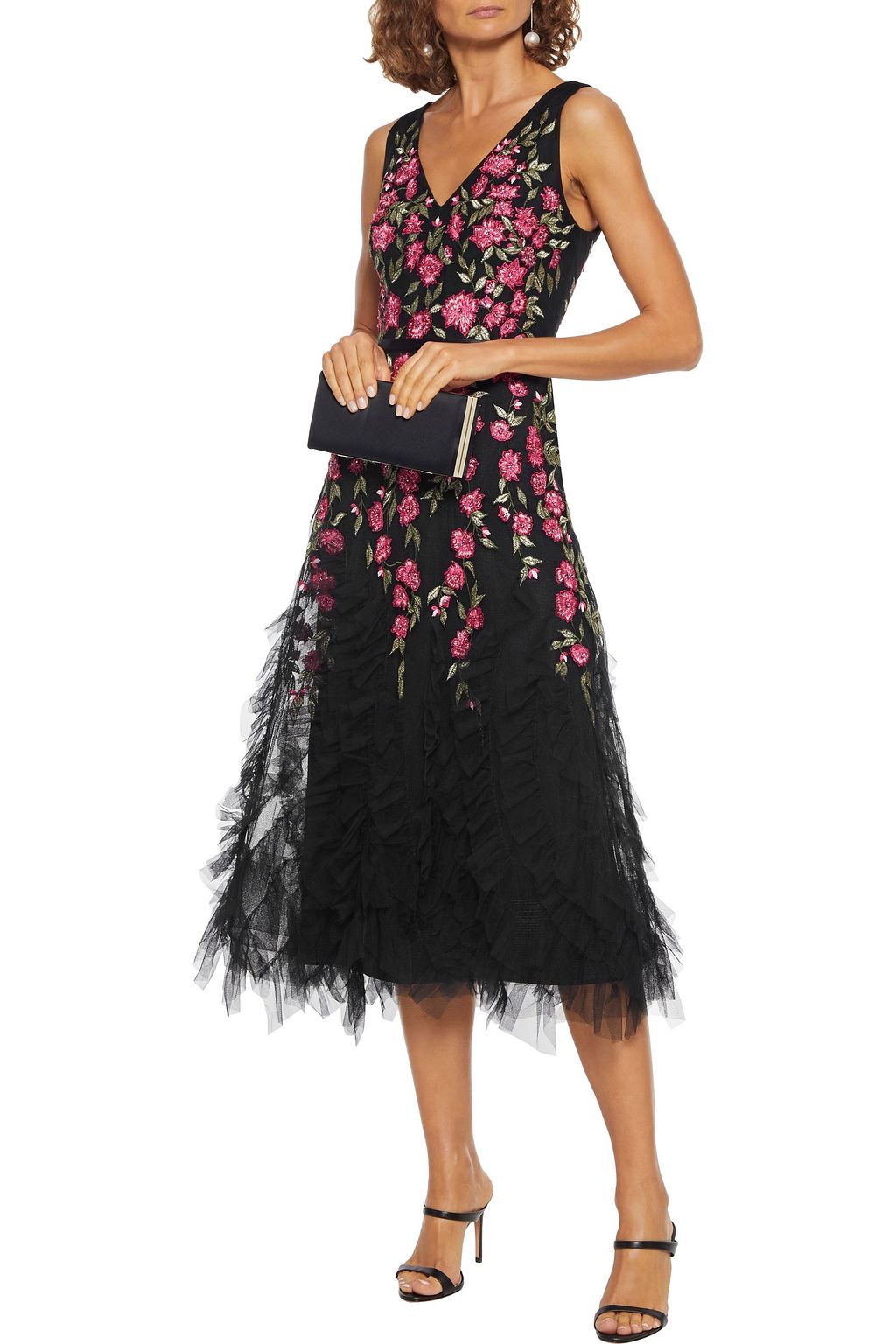 MARCHESA NOTTE Ruffled embellished embroidered tulle gown