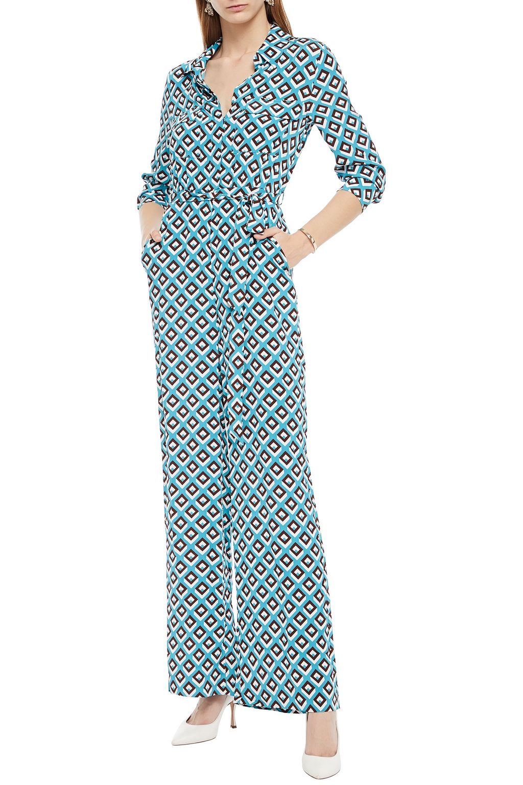 DIANE VON FURSTENBERG Belted printed silk crepe de chine jumpsuit