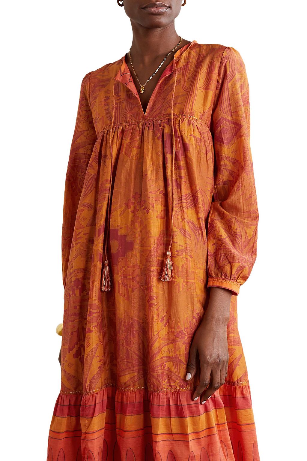 CHUFY Arequipa gestuftes Kleid aus Voile aus einer Baumwoll-Seidenmischung mit Print und Gürtel