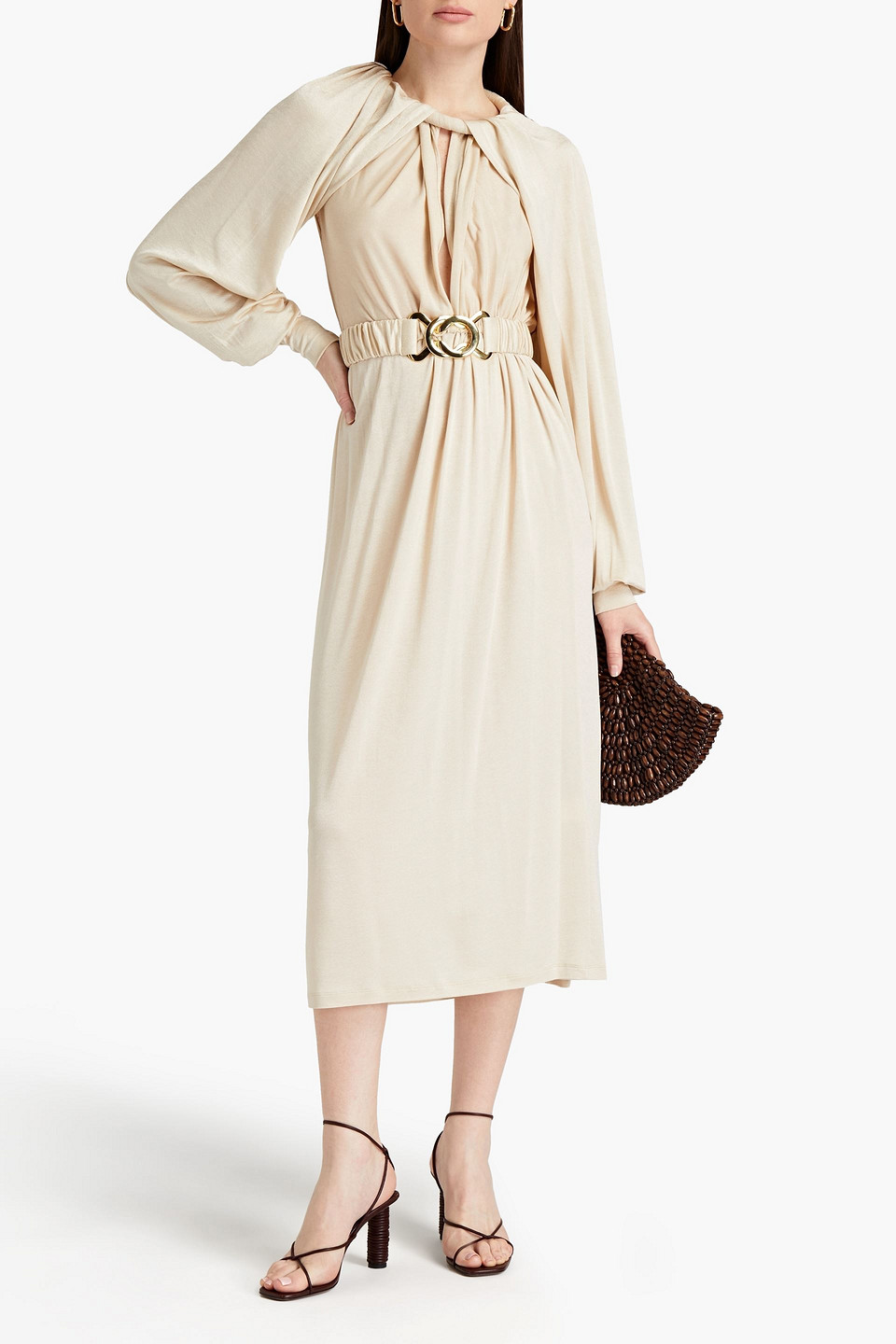 Dodo Bar Or Mika Belted Cutout Satin-jersey Midi Dress In Neutrals