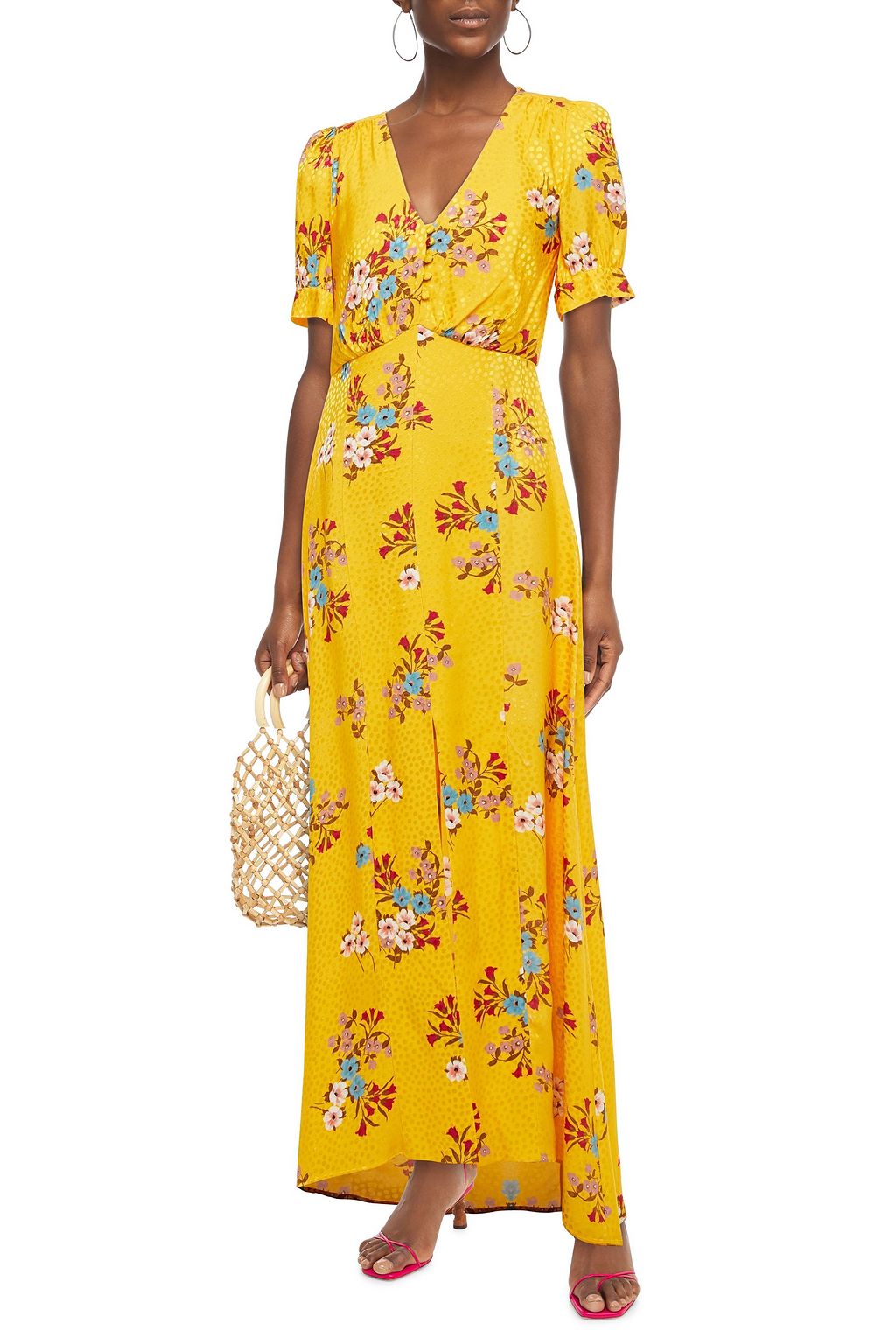 PAUL & JOE Jaune gathered floral-print satin-jacquard maxi dress