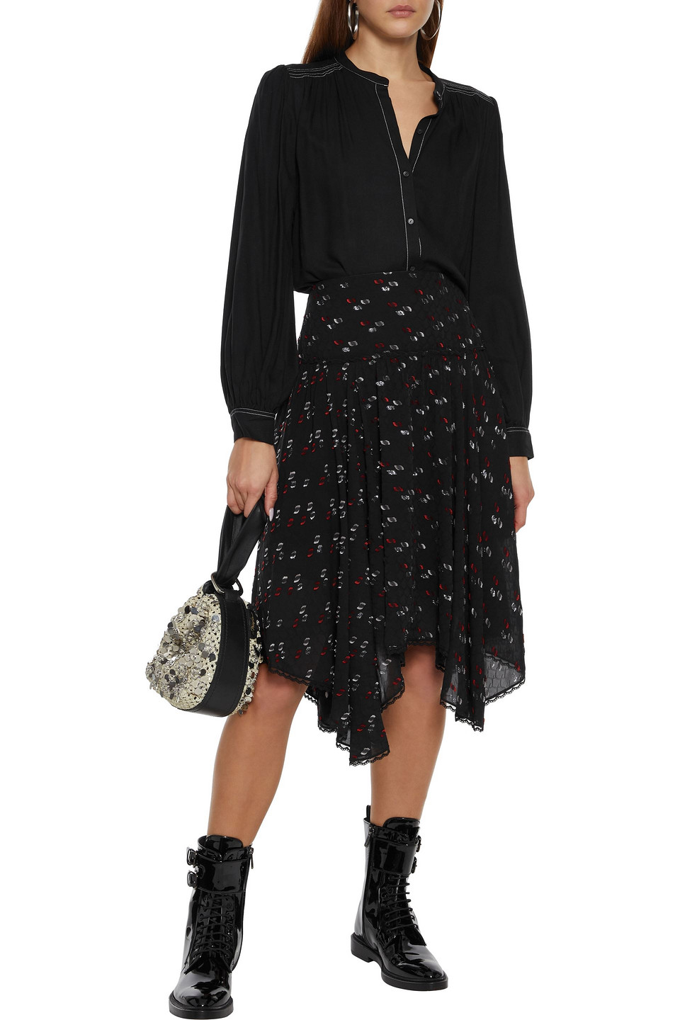 See By Chloé Asymmetric Metallic Fil Coupé Georgette Skirt
