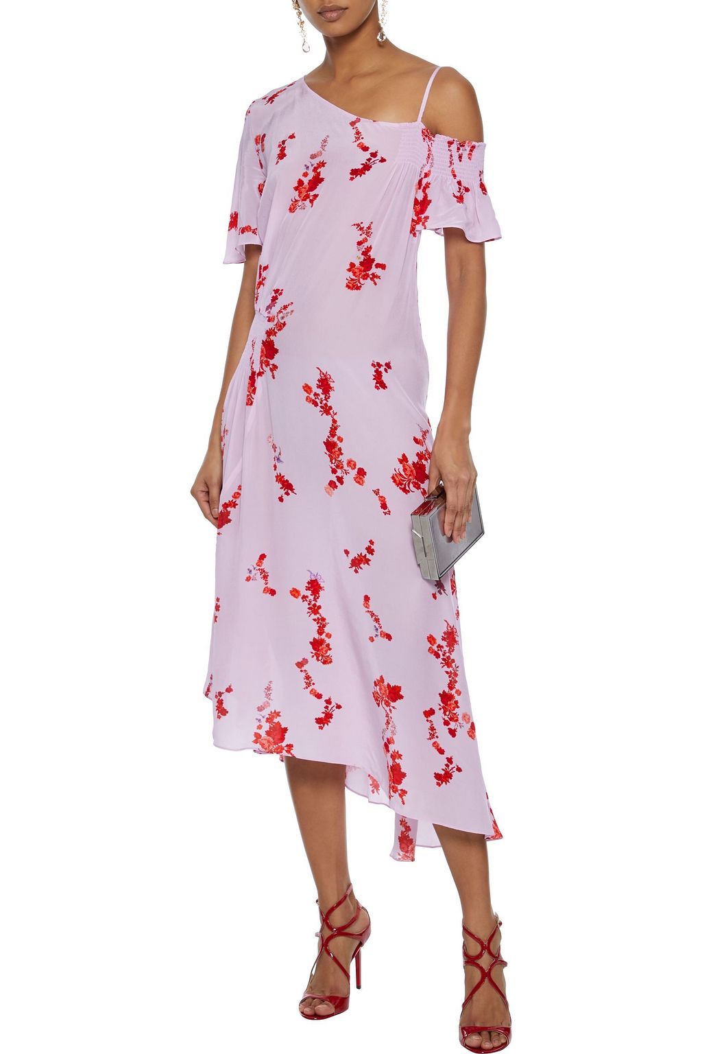 PREEN LINE Calithea cold-shoulder shirred floral-print crepe de chine midi dress