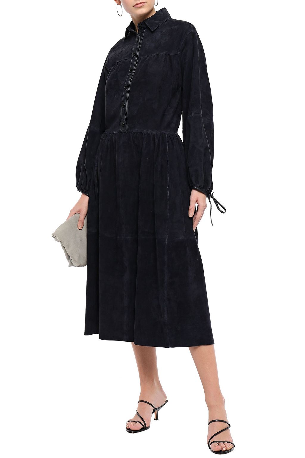 JOSEPH Claudia leather-trimmed suede midi shirt dress