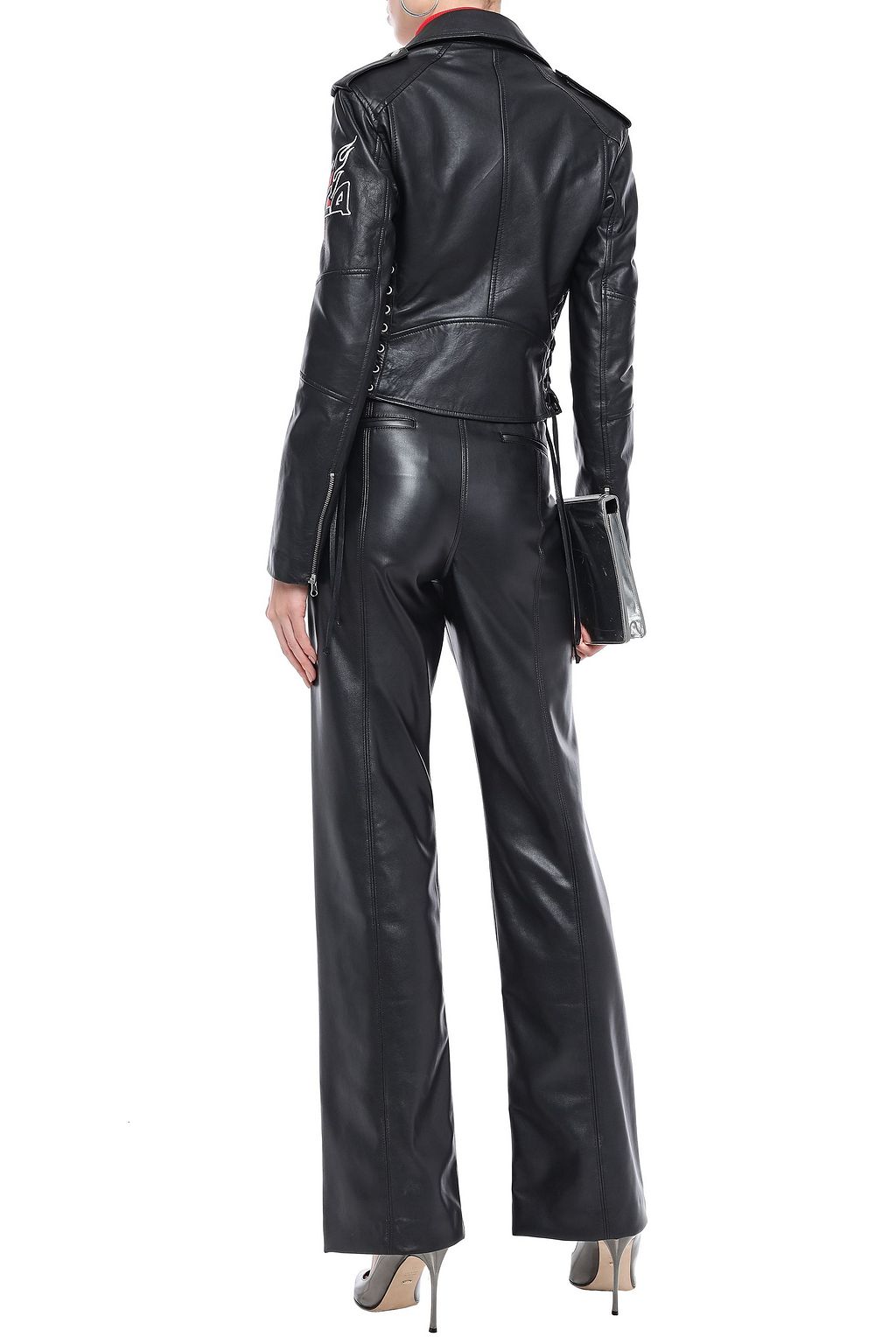 MCQ ALEXANDER MCQUEEN Cropped lace-up appliquéd leather biker jacket