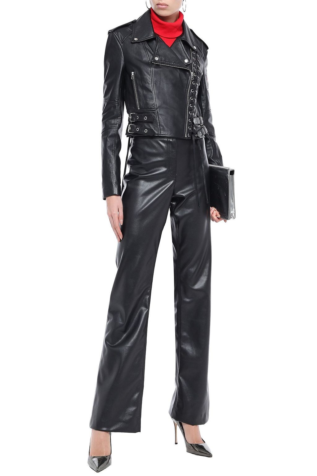 MCQ ALEXANDER MCQUEEN Cropped lace-up appliquéd leather biker jacket