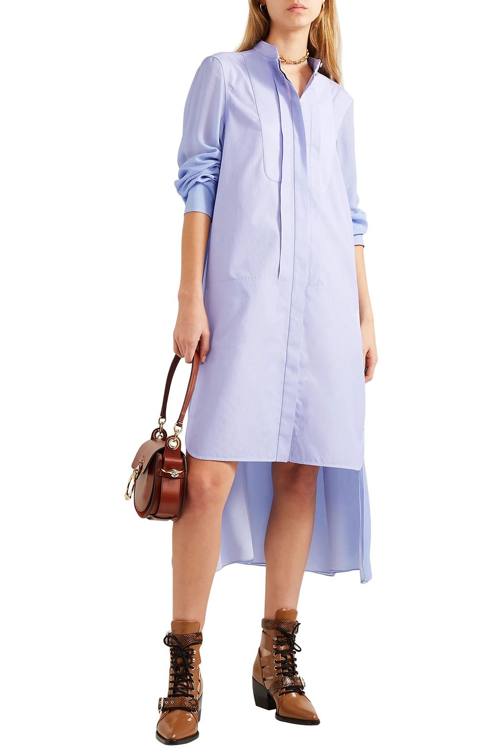 CHLOÉ Asymmetric two-tone cotton-poplin and crepe de chine midi dress