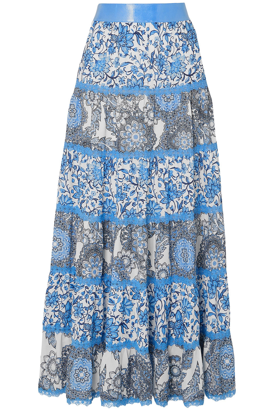 Alice + Olivia Woman Lace-trimmed Floral-print Crepe De Chine Maxi Skirt Blue Size 2