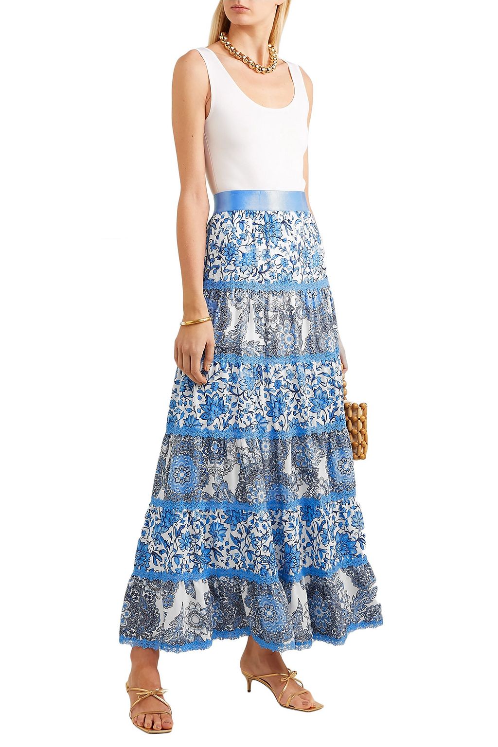 ALICE + OLIVIA Lace-trimmed floral-print crepe de chine maxi skirt