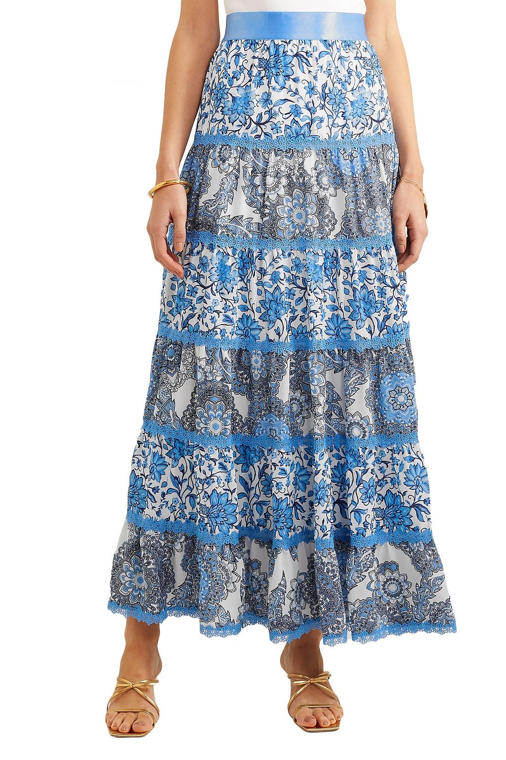 ALICE + OLIVIA Lace-trimmed floral-print crepe de chine maxi skirt