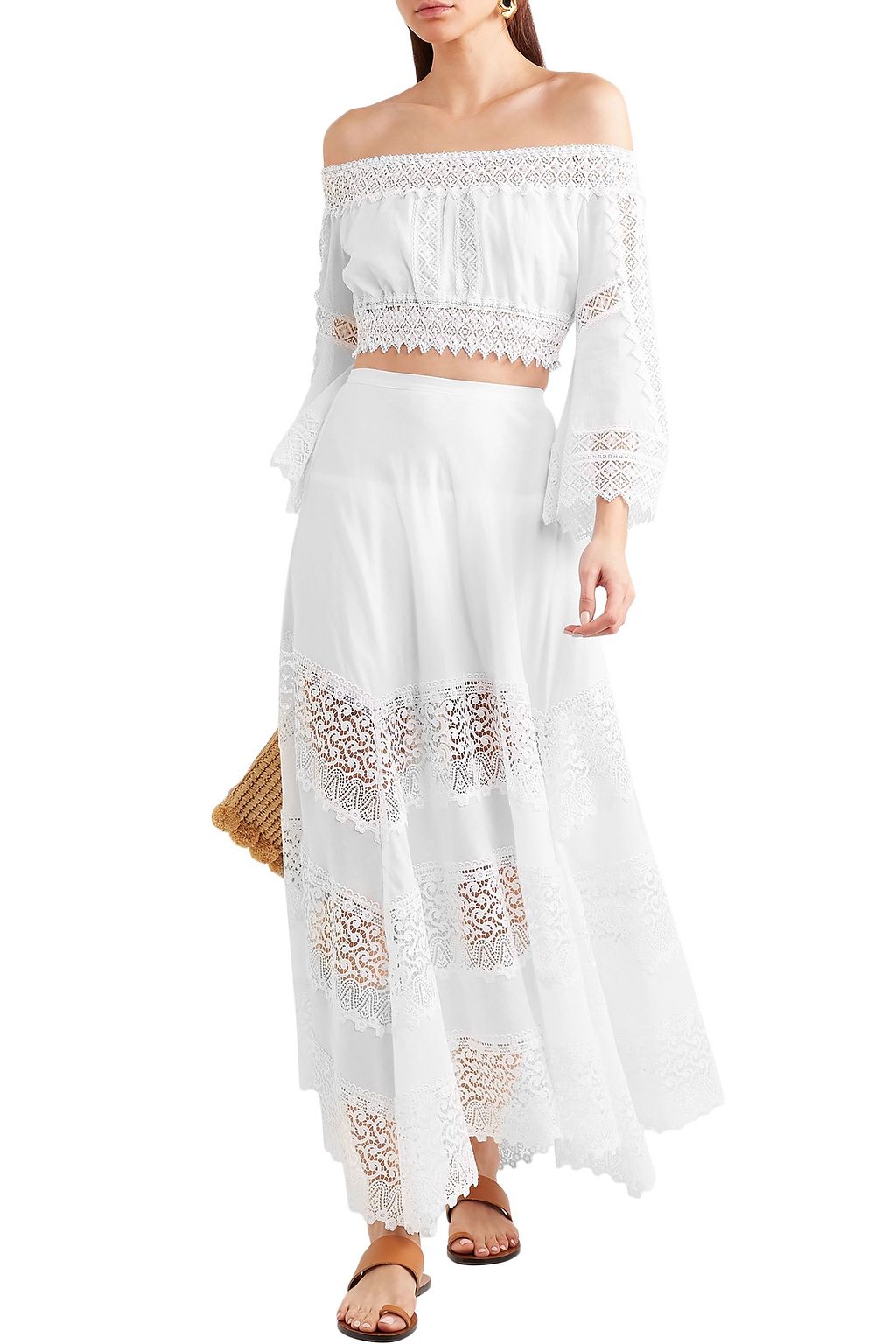 CHARO RUIZ IBIZA Ula guipure lace-paneled cotton-blend midi skirt