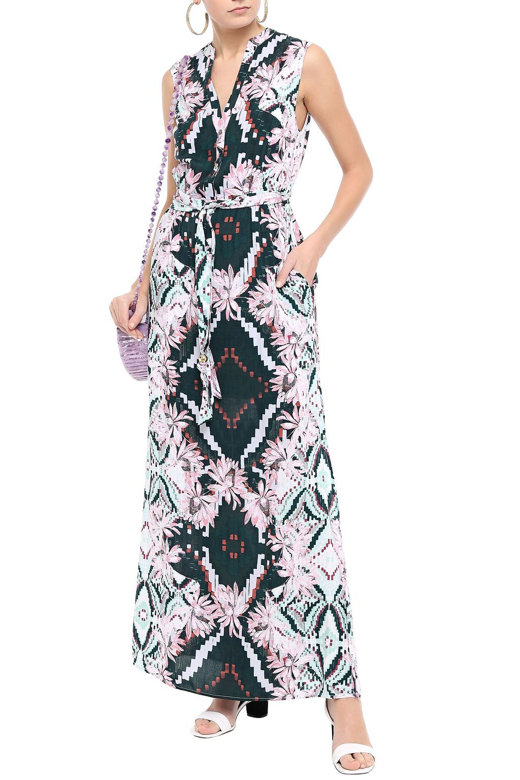 MELISSA ODABASH Honey belted printed voile maxi dress