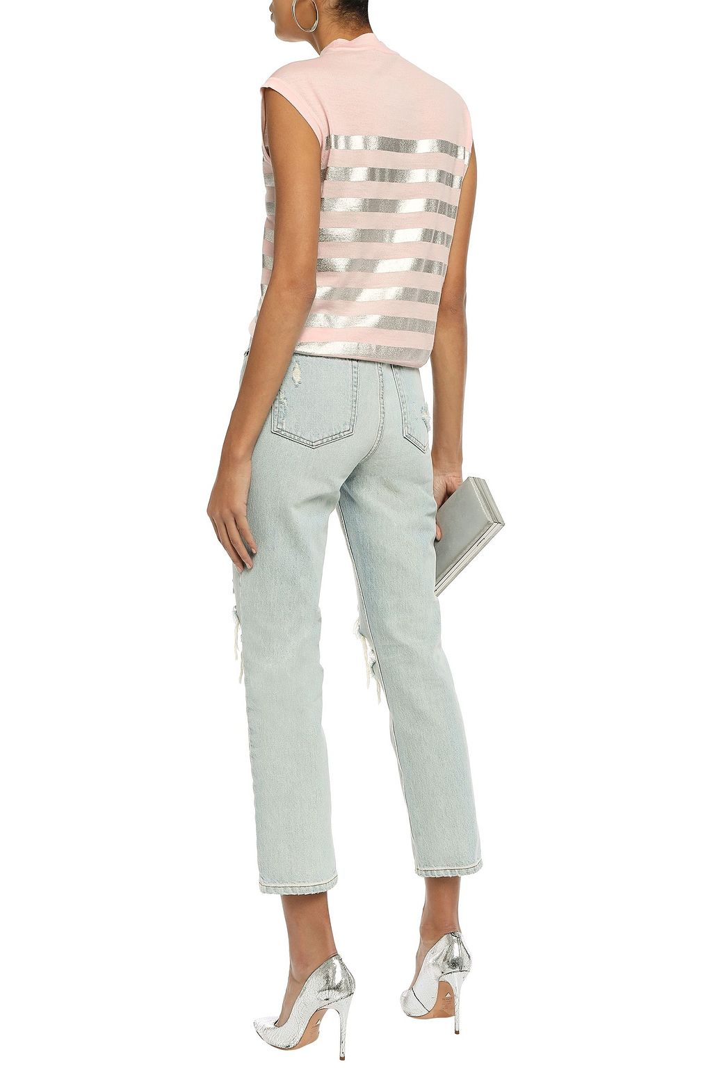 BALMAIN Button-embellished metallic striped wool top