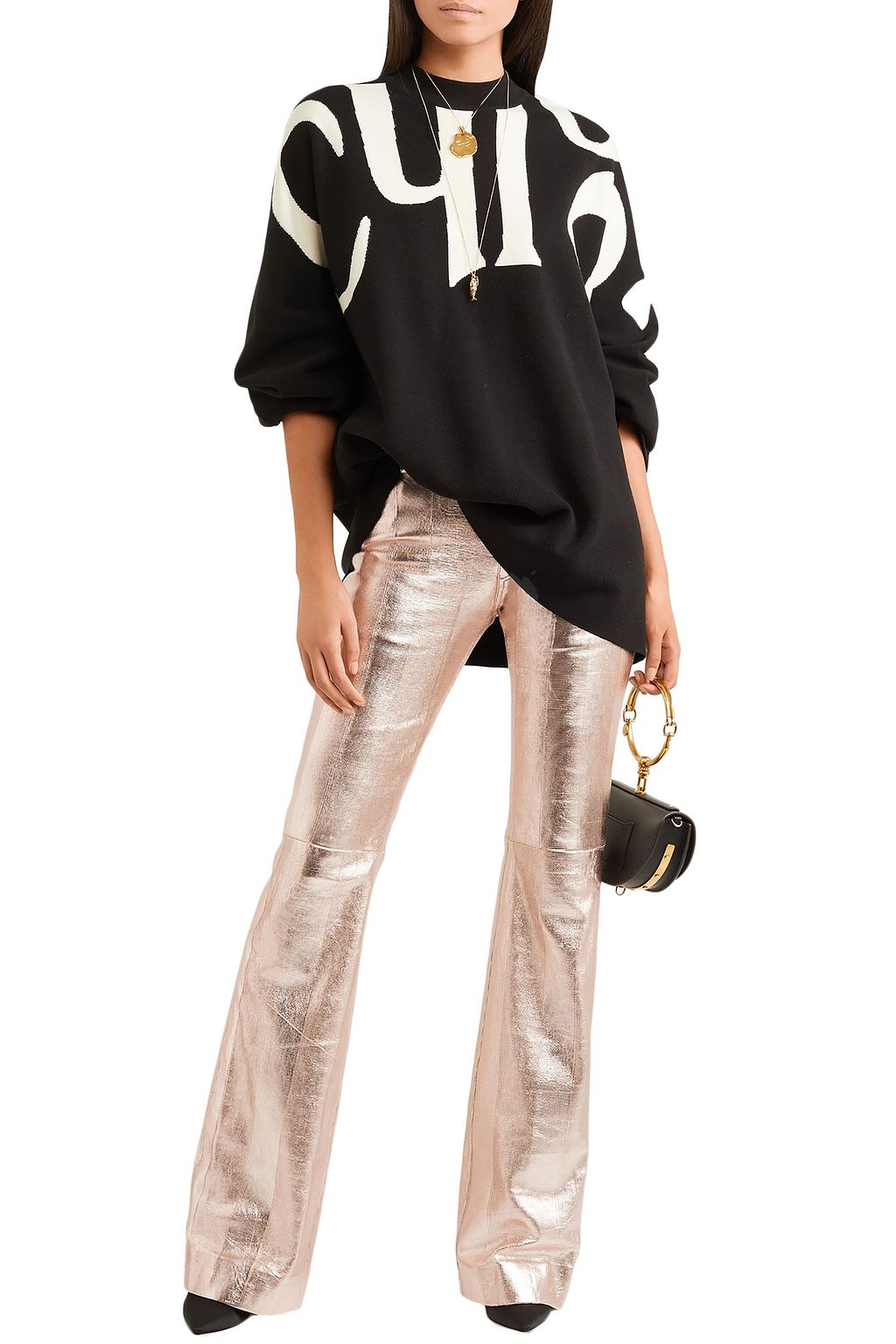 CHLOÉ Metallic textured-leather bootcut pants