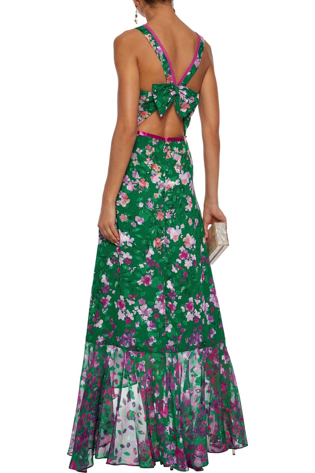 MARCHESA NOTTE Wrap-effect ruffled floral-print fil coupé chiffon gown