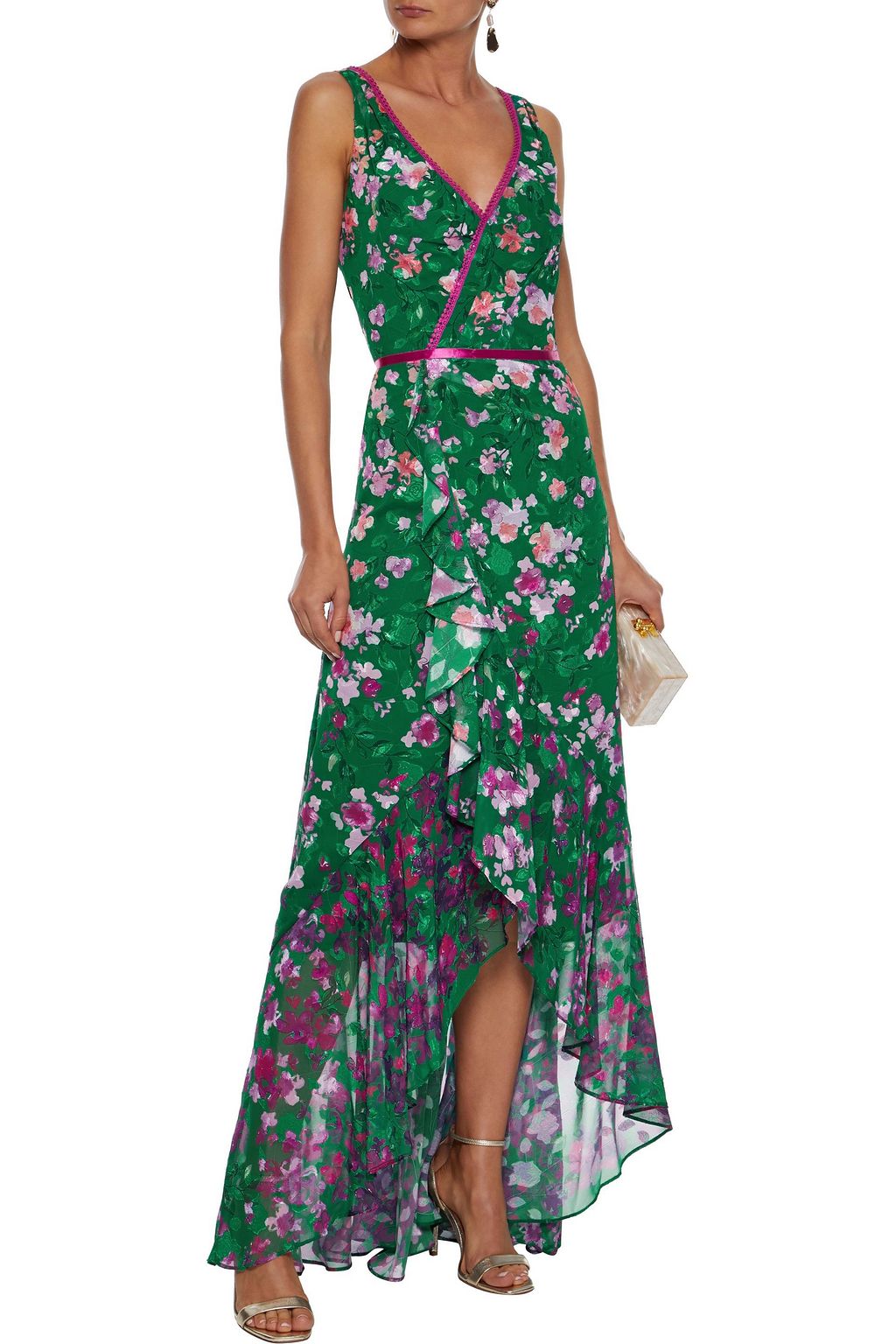 MARCHESA NOTTE Wrap-effect ruffled floral-print fil coupé chiffon gown