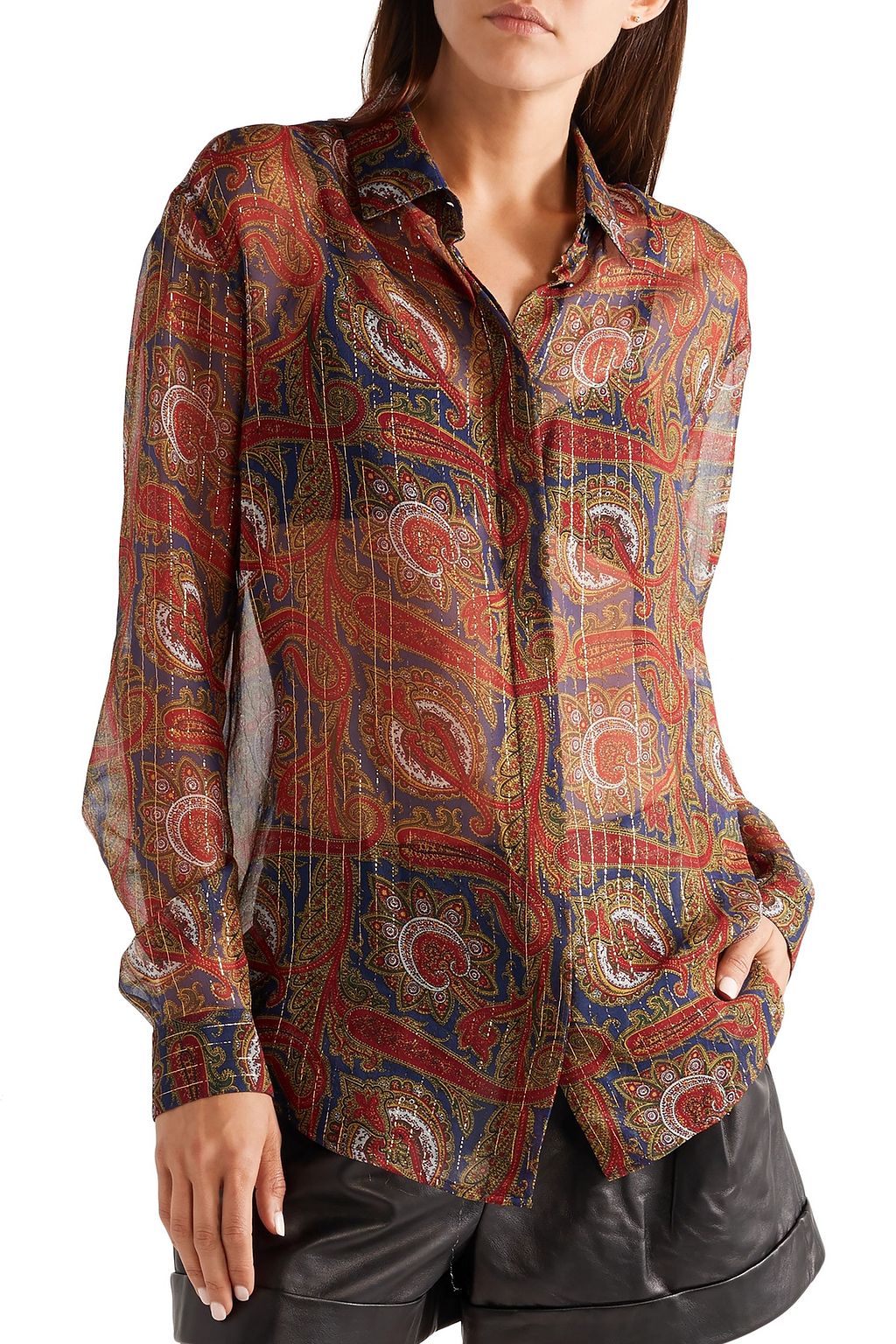 SAINT LAURENT Metallic printed silk-blend chiffon shirt