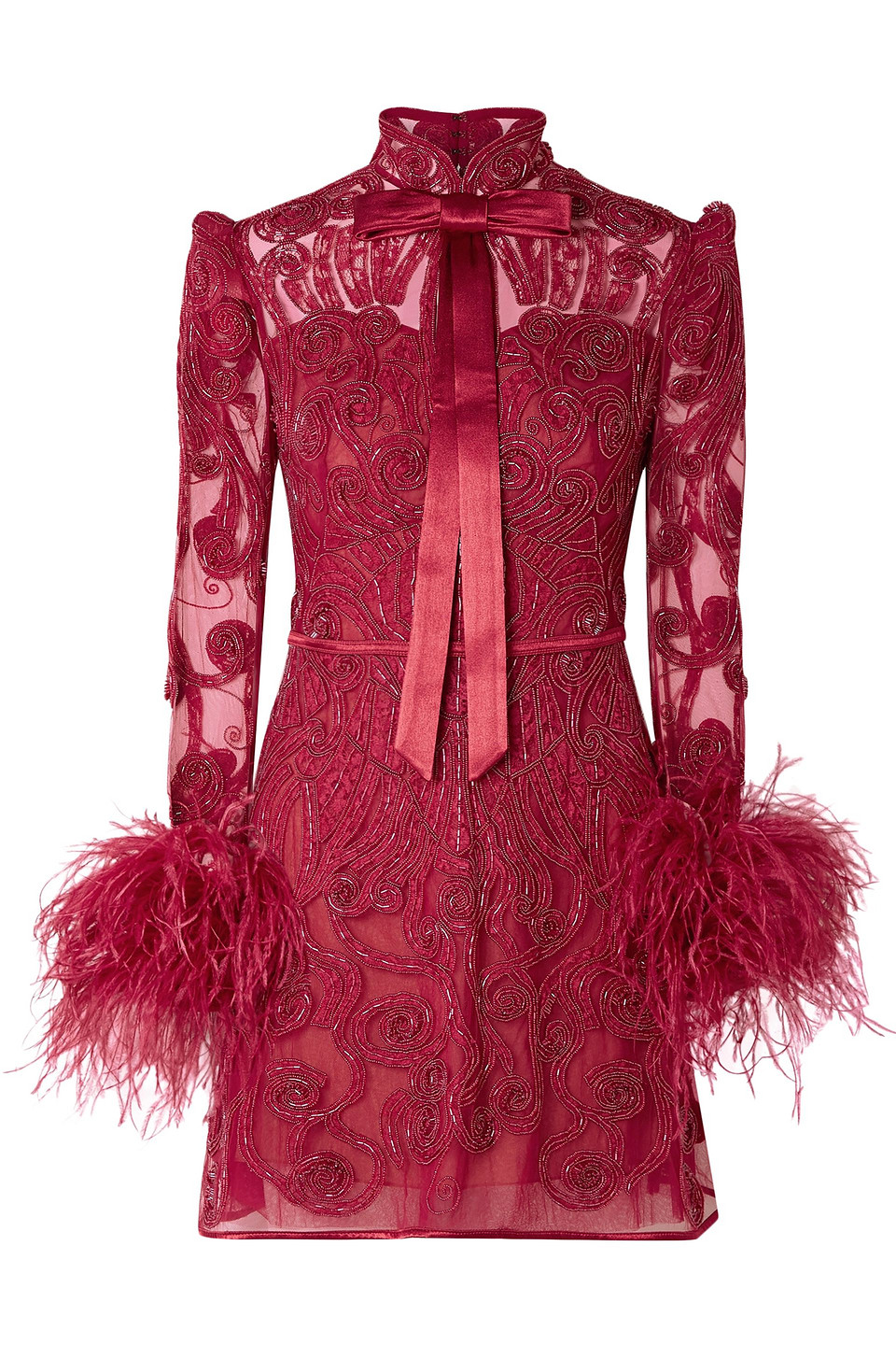 Belle Epoque feather-trimmed embellished lace and tulle mini dress