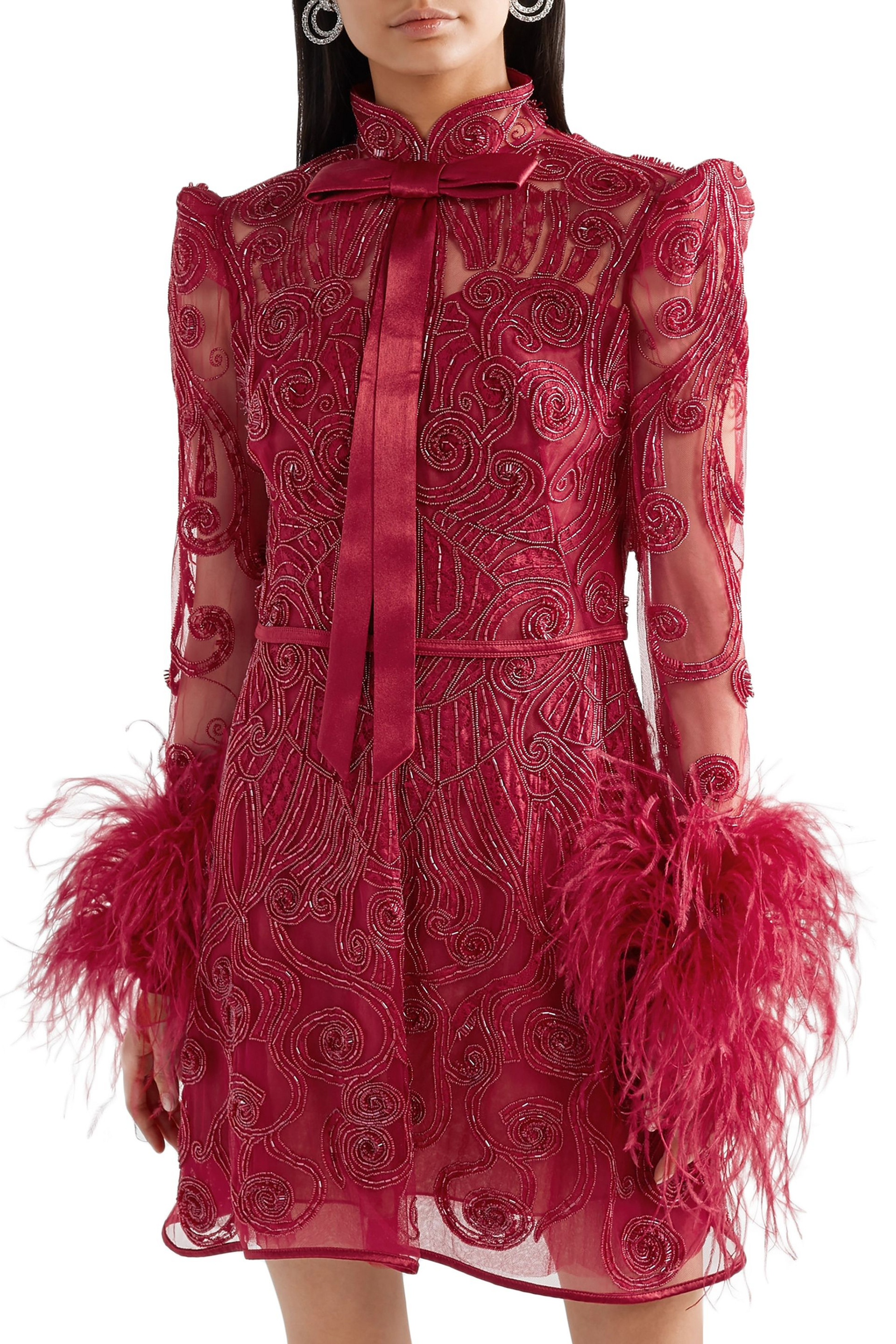 Zuhair Murad Belle Epoque feather-trimmed embellished lace and tulle mini dress