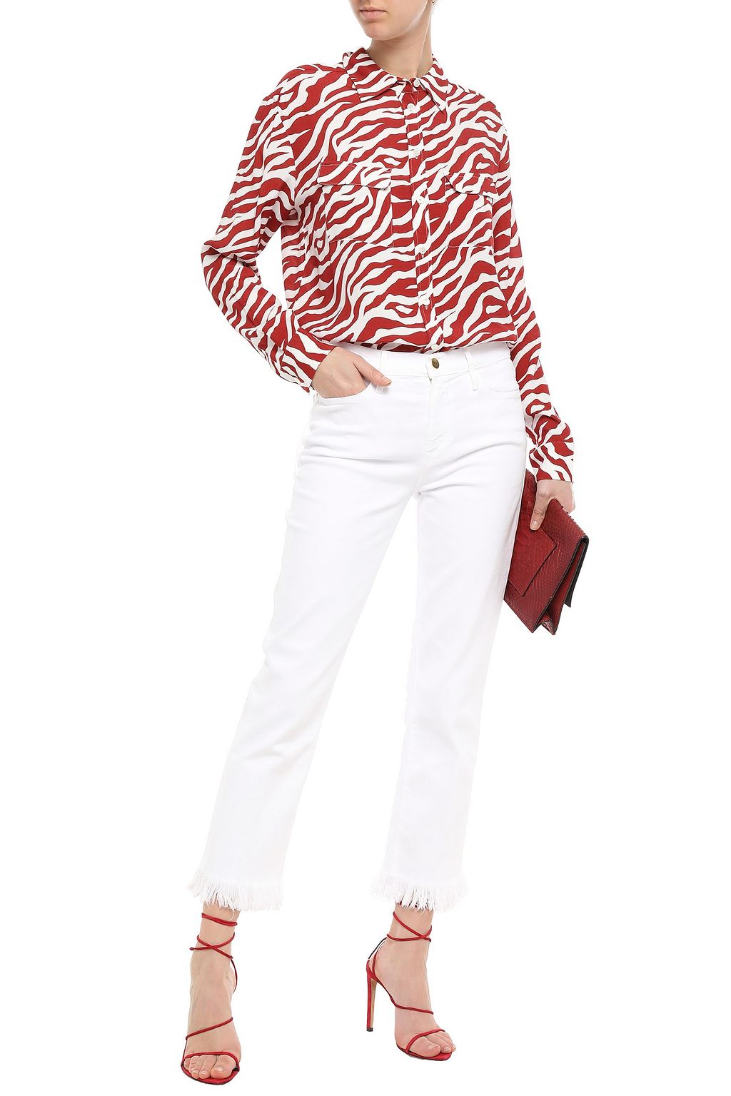 FRAME Cropped frayed mid-rise straight-leg jeans