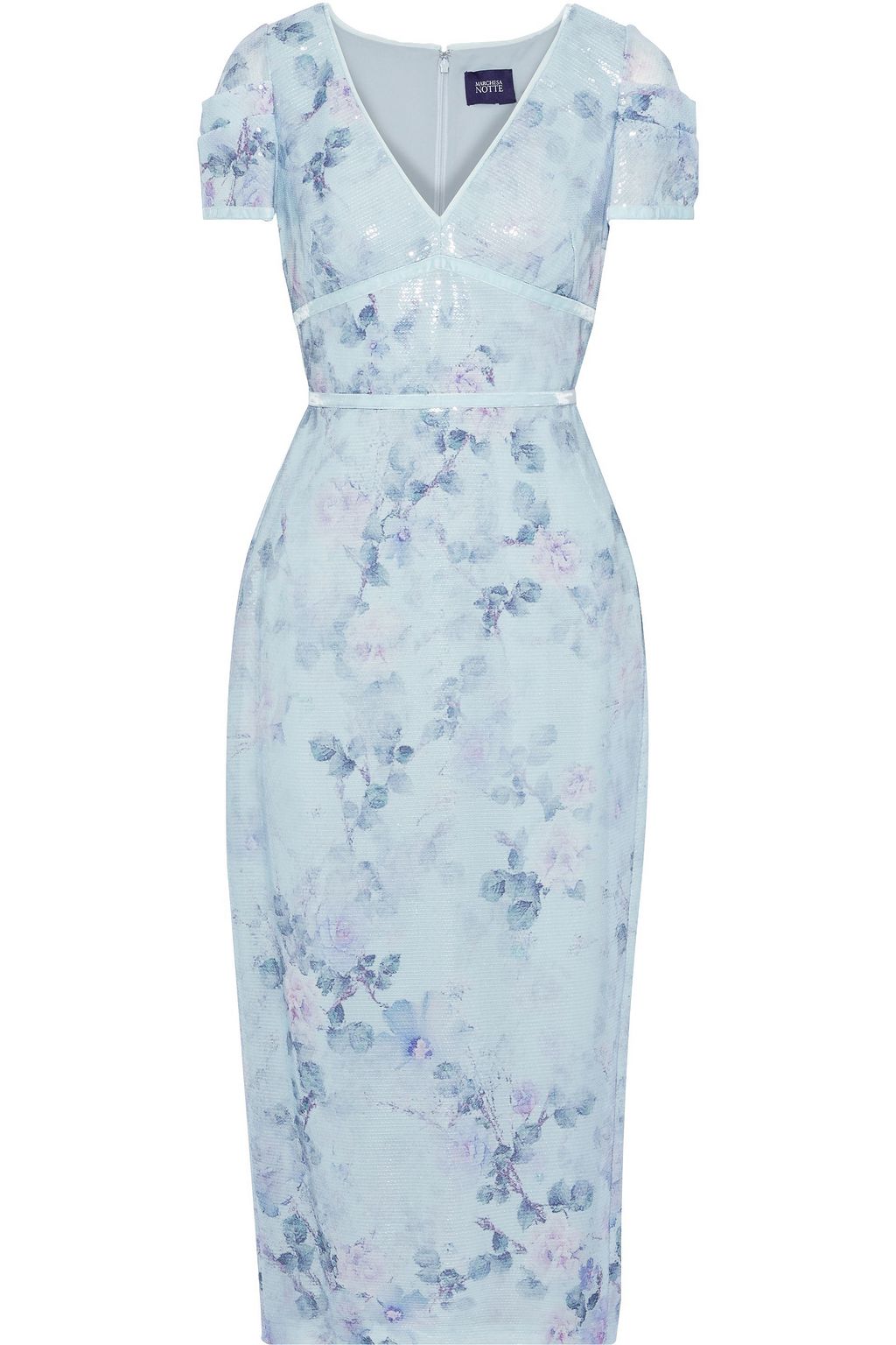 Sky Blue Velvet Trimmed Sequined Floral Print Chiffon Midi Dress Sale Up To 70 Off The Outnet Marchesa Notte The Outnet
