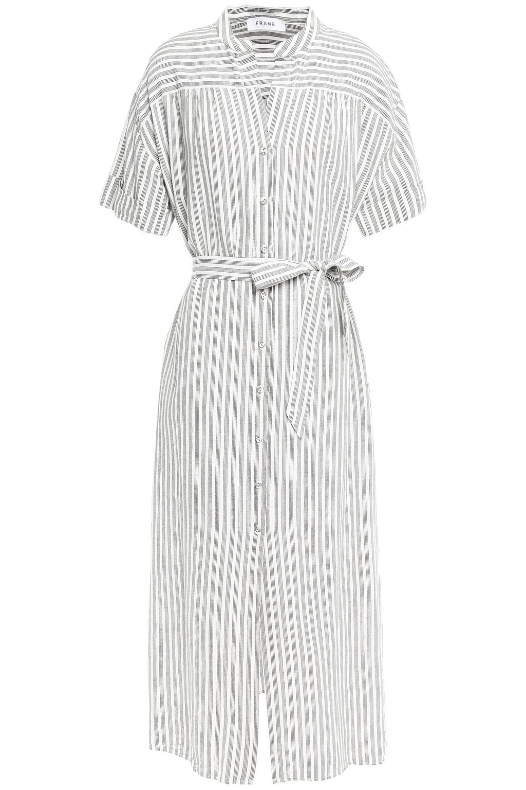 grey and white striped linen dress