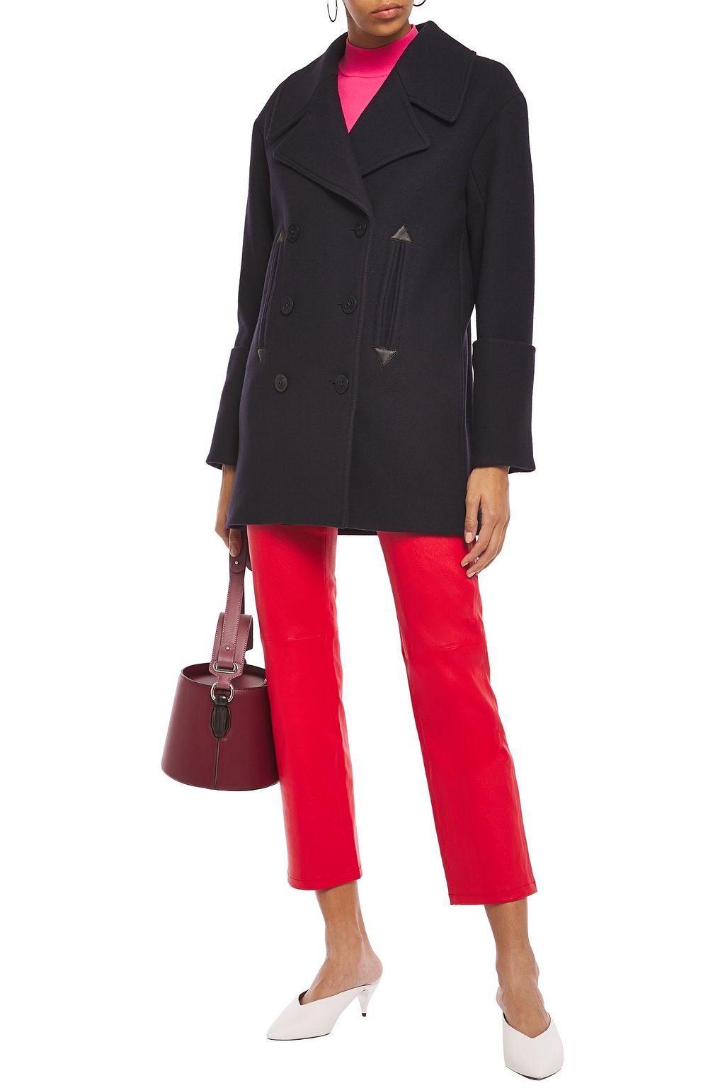 VICTORIA, VICTORIA BECKHAM Double-breasted leather-trimmed wool-blend brushed-felt coat