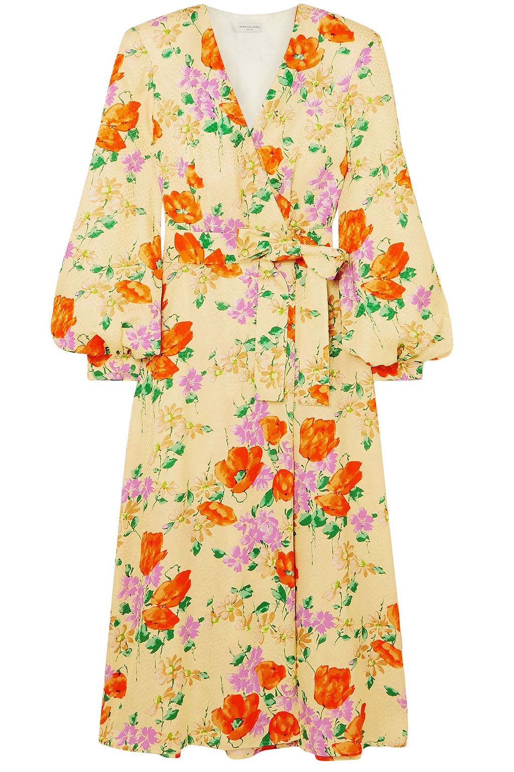 Yellow Floral-jacquard midi wrap dress 