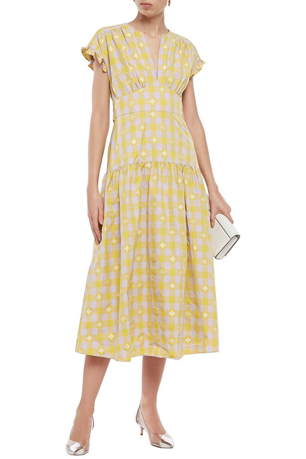 KATE SPADE NEW YORK Tie-back gingham fil coupé taffeta midi dress