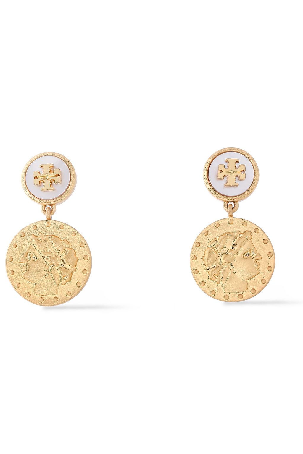 TORY BURCH Logo-embellished embossed gold-tone and mother-of-pearl earrings  | Sale up to 70% off | THE OUTNET