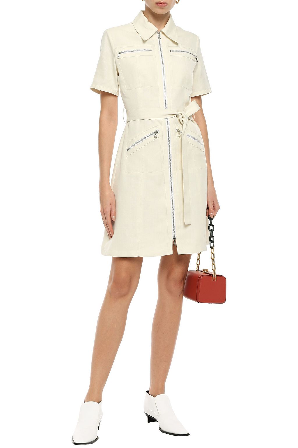 VICTORIA, VICTORIA BECKHAM Belted zip-detailed woven mini shirt dress